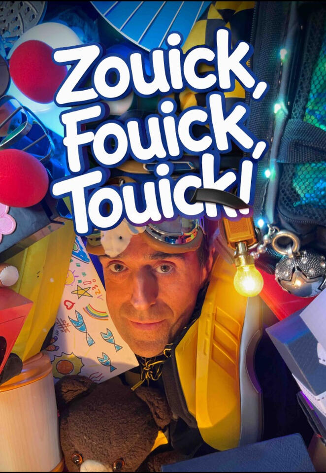 Affiche du spectacle “Zouick, fouick, touick” : Monsieur Fred court dans un décor imaginaire rempli de souvenirs.