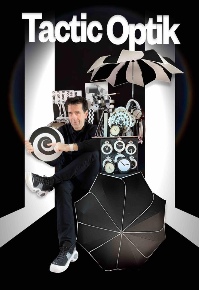 Affiche en noir et blanc d’un spectacle de magie et d’illusions d’optique pour enfants et familles.